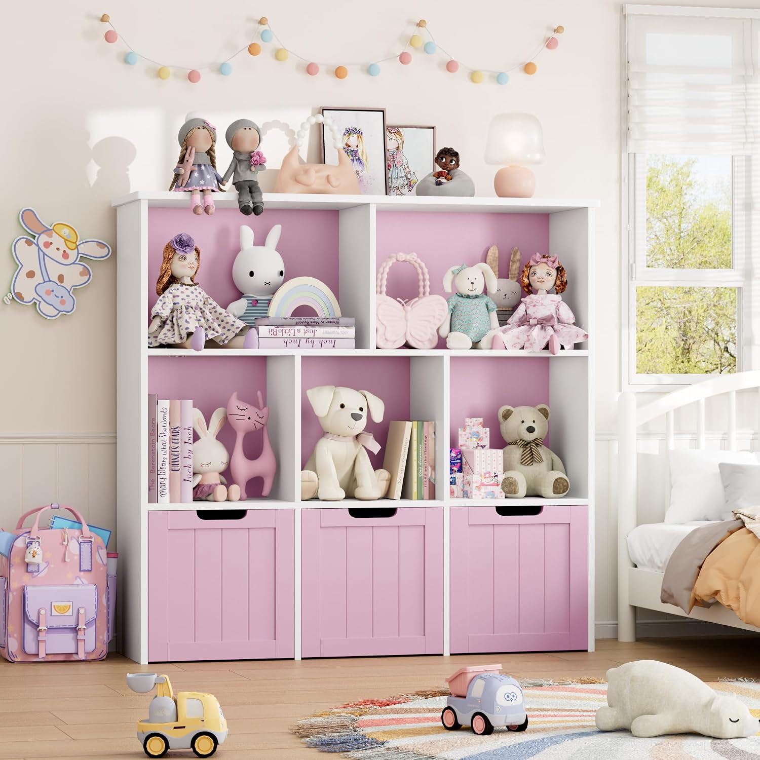 FOTOSOK Toy Storage Organizer with Movable Drawers, Toy Organizer for Kids | Toy Organizer with Hidden Wheels, Toy Storage and Stuffed Animal Storage for Playroom, Cube Storage Organizer, Pink