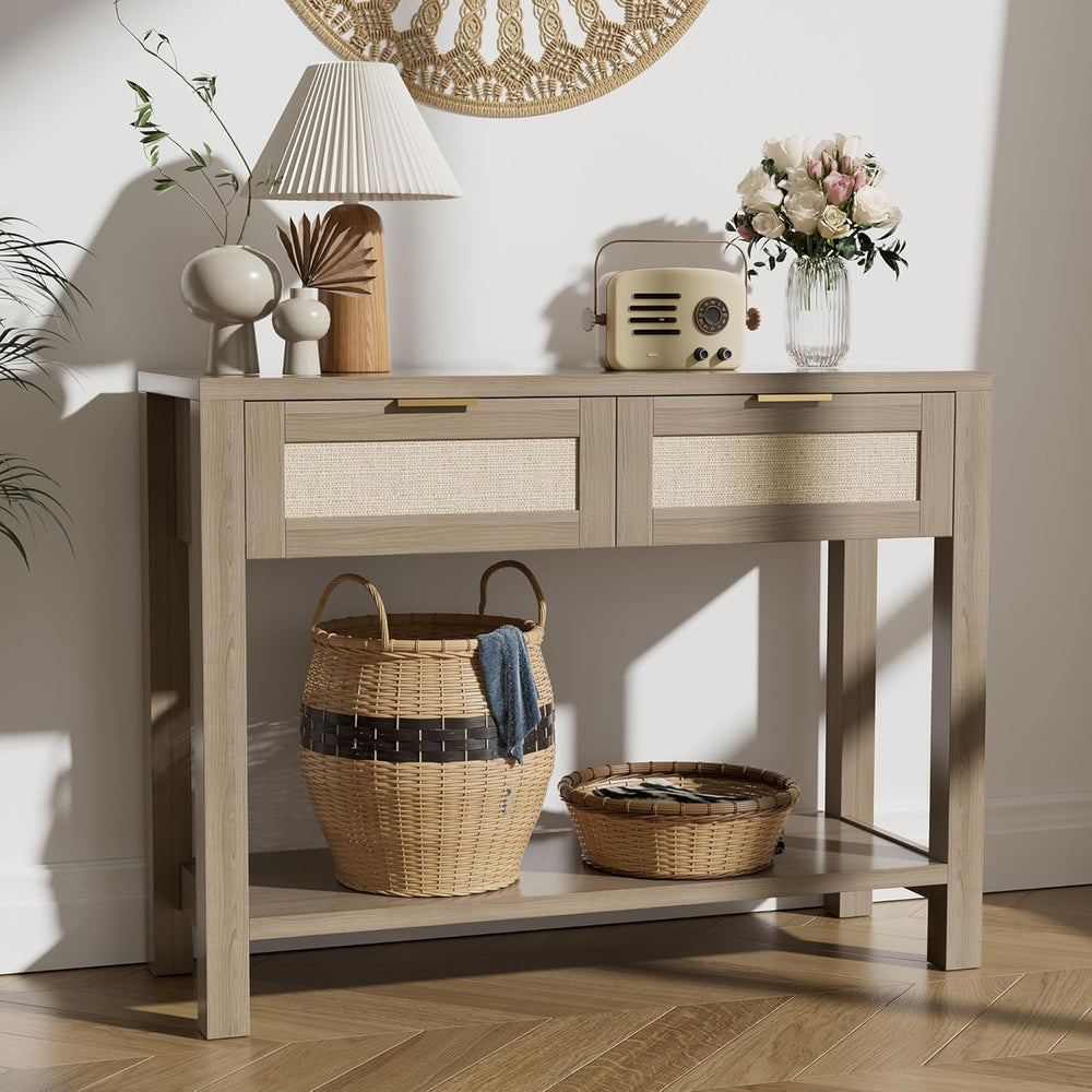 Boho Chic Console Table with 2 Rattan Drawers and Open Shelf Storage, Narrow ...