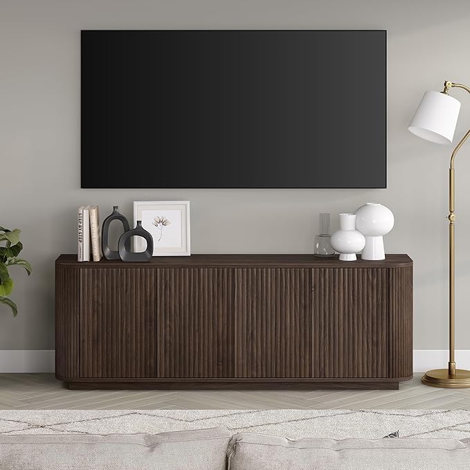 Henn&Hart Fluted TV Stand for TVs up to 75" with 2 Storage Cabinets with an Adjustable Shelf for Living Room, Family Room, or Office, Warm Brown