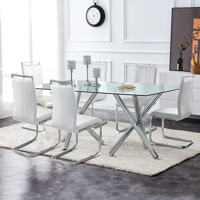 AZmac Modern Leather Dining Chairs Set of 8,Armless Kitchen Chairs,Dining Room Chairs with Upholstered Padded Seat and Sturdy Chrome Legs for Dining Room,Kitchen (Set of 8, White+PU Leather)