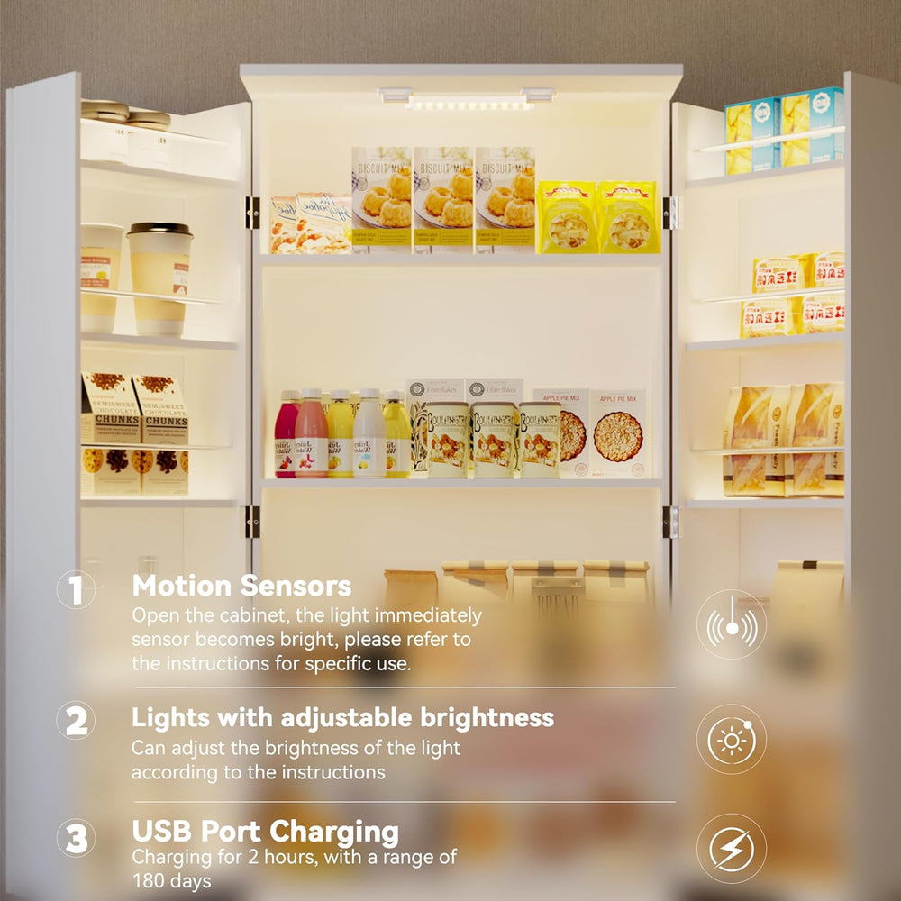 FJTJBSI 72" LED Kitchen Pantry Cabinet with 3 Drawers Farmhouse Tall Sto...