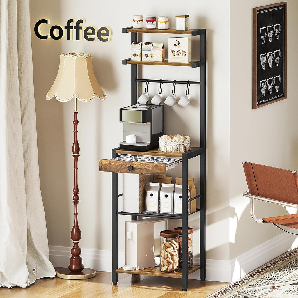 YATINEY Bakers Rack, 5-Tier Coffee Bar Station, Coffee Stand with Pod Drawer Holder, Versatile Kitchen Storage Rack with 4 Hooks, for Living Room, Cafe Corner, Rustic Brown and Black KF01BRY1