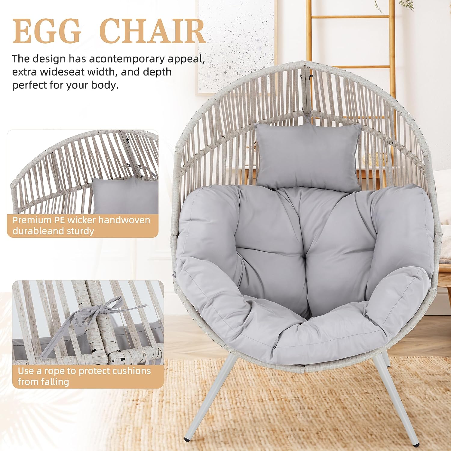 Vongrasig Outdoor Wicker Egg Chair PE Rattan Chair with Cushion, Oversized Patio Lounge Chair for Outdoor, Indoor, Balcony, Backyard, Garden, Grey/Beige Rattan