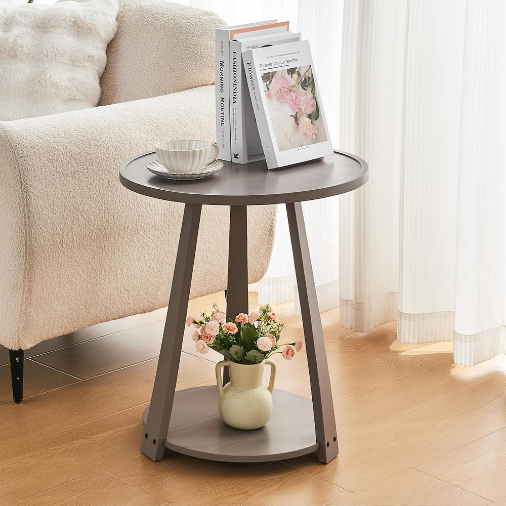 Solid Wood Round Side Table - Small Round Grey End Table, Wooden Modern Bedsi...
