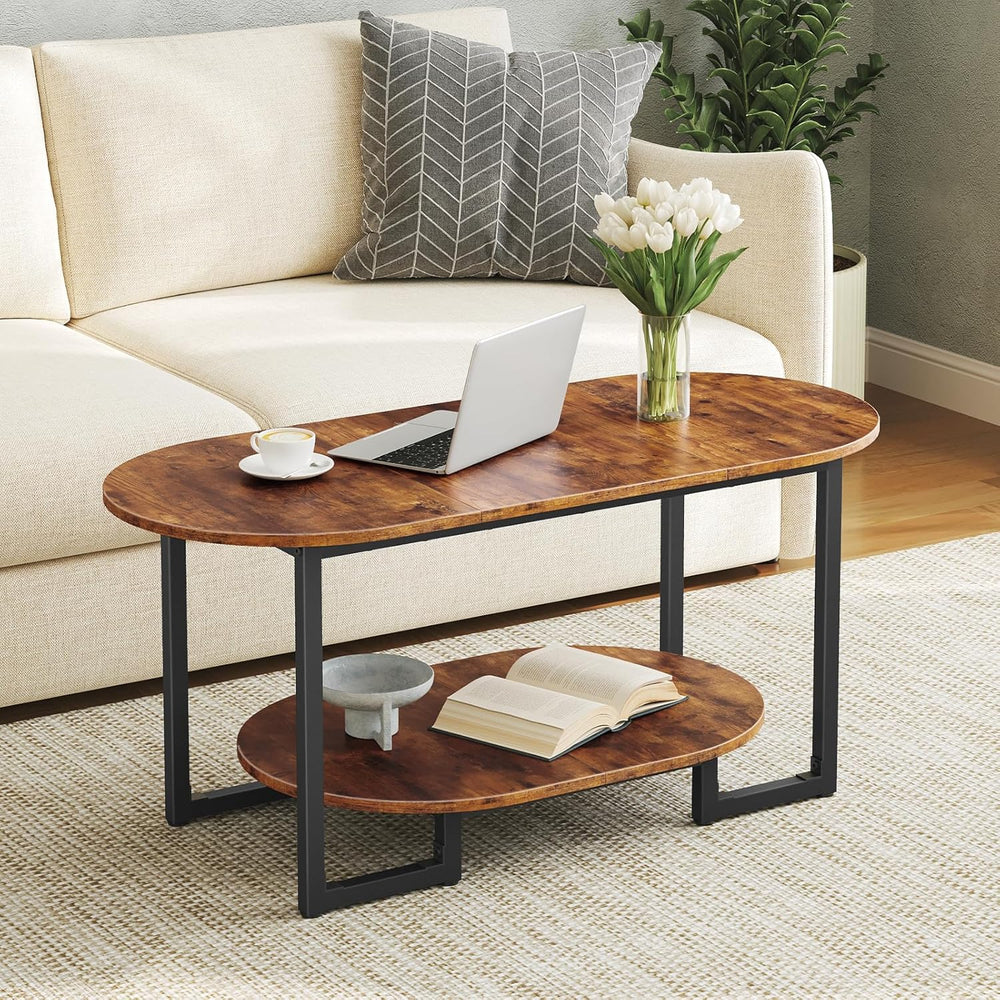 HOOBRO Coffee Table for Living Room, Oval Small Coffee Table with 2-Tier Open...