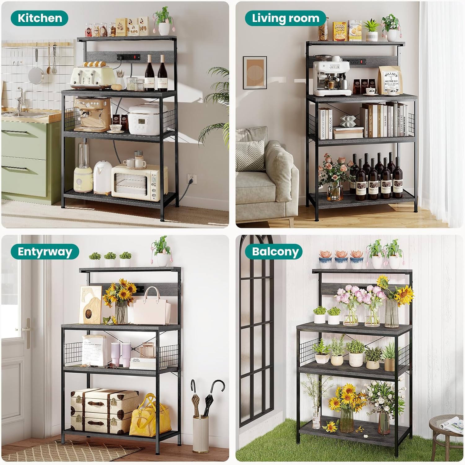 OLIXIS Standing Bakers Rack with Power Outlet, 23.6 Inch Microwave Stand | Kitchen Storage Rack, 3 Adjustable Shelves, Coffee Bar Organizer, Small Appliances, Space Saver, Grey