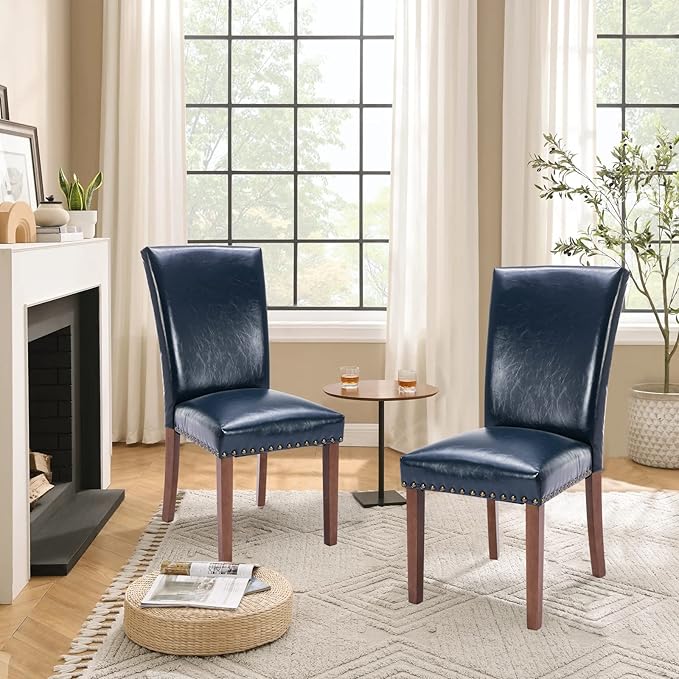 Parsons Dining Chairs Set of 6, Upholstered Nailhead PU Leather Dining Room Kitchen Side Chair with Thick Cushions and Wood Legs, Blue