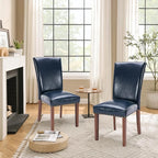 Parsons Dining Chairs Set of 6, Upholstered Nailhead PU Leather Dining Room Kitchen Side Chair with Thick Cushions and Wood Legs, Blue