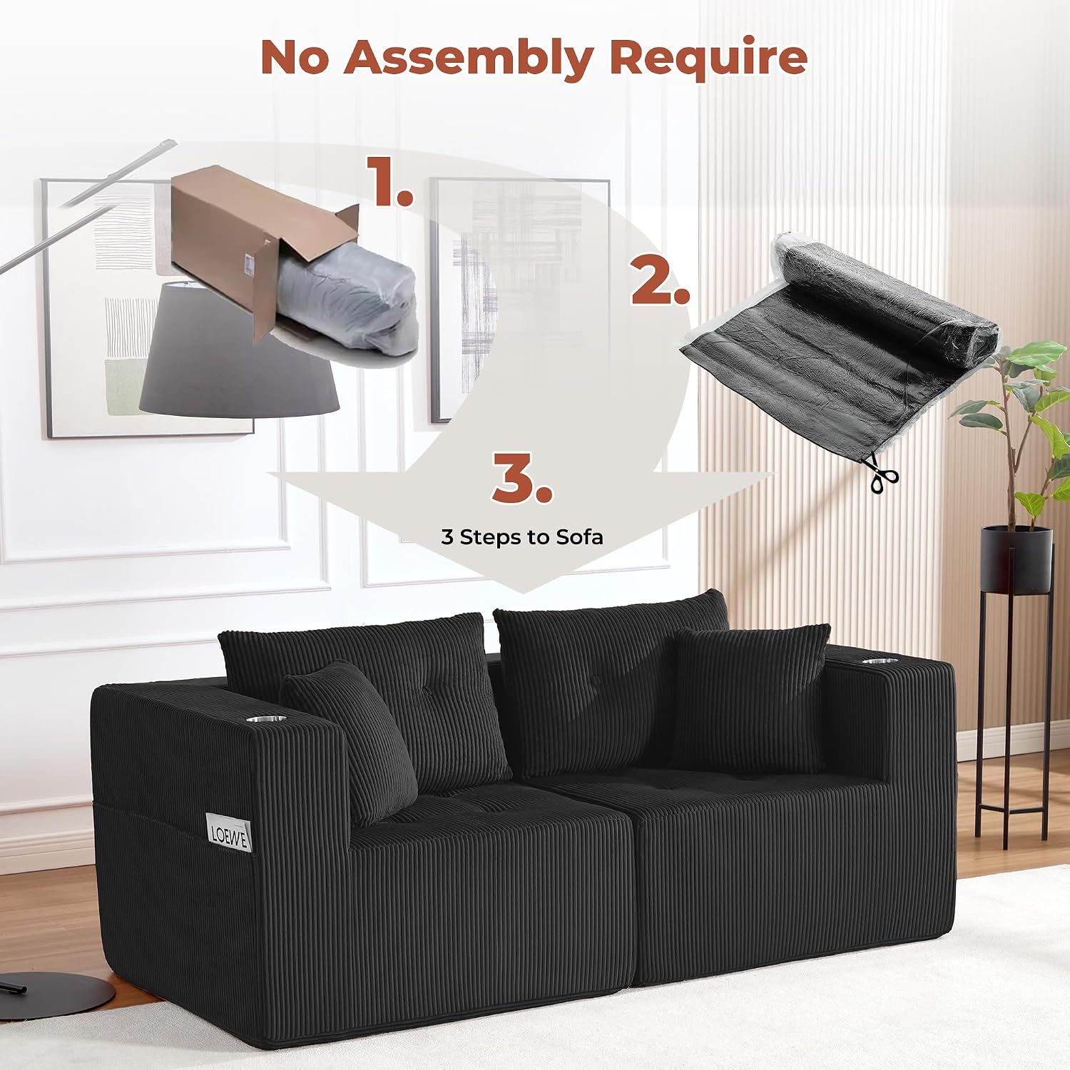73" Loveseat Modular Sectional Sofa, Oversized 2-Seater Boneless Tufted Cloud Couch with Cup Holder, Corduroy Upholstery Small Couches for Living Room, No Assembly Black