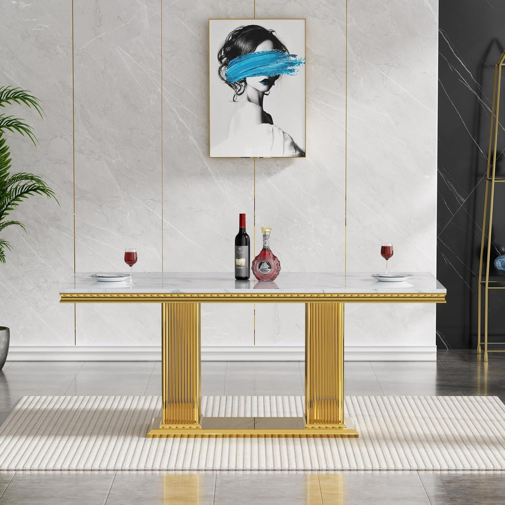 68 in Faux Marble Dining Table for 4-6, White Marble Dining Table with Gold S...