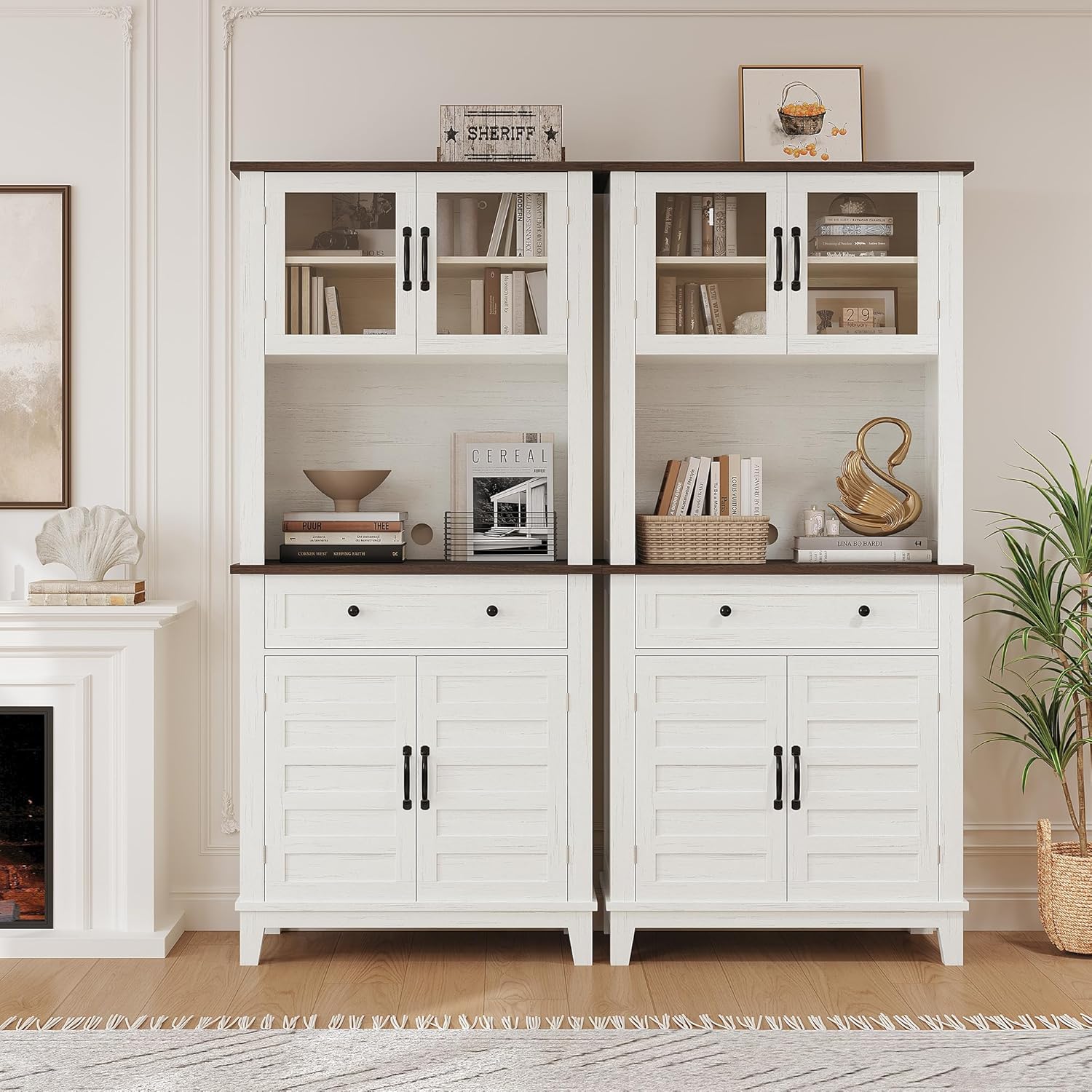 Multi-Functional Pantry Coffee Cabinet with Storage, 72" White Modern Wood Tall Kitchen Bar Cabinet Hutch with 4 Glass Doors & 1 Drawer, Stand Alone Food Pantry Organizer for Dining Room & Home