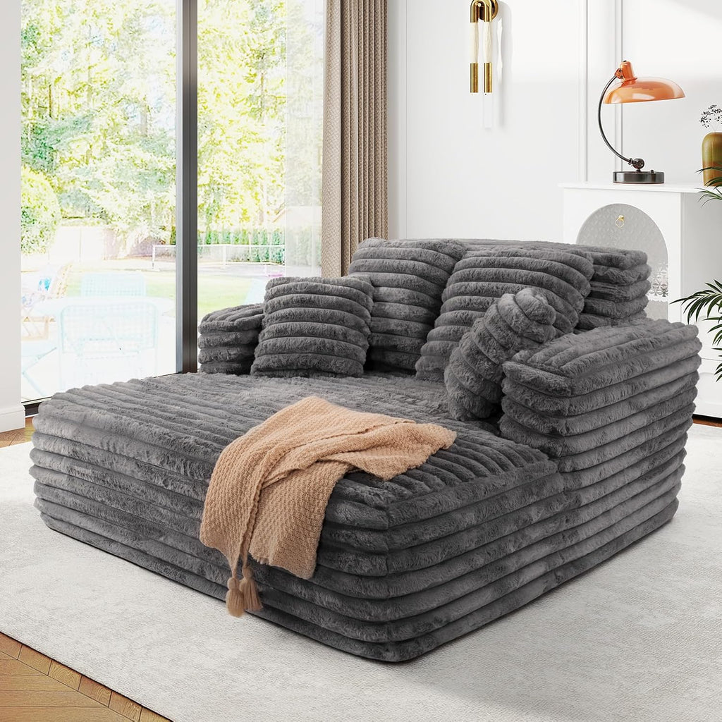 JEEOHEY 56" Oversized Chaise Lounge Chair Indoor,Plush Faux Fur Sleeper Sofa Couch Bed with Pillows&Wide Armrests,Fluffy Comfy Cloud Couch,Compression Foam Couch for Living Room,Bedroom(Grey)