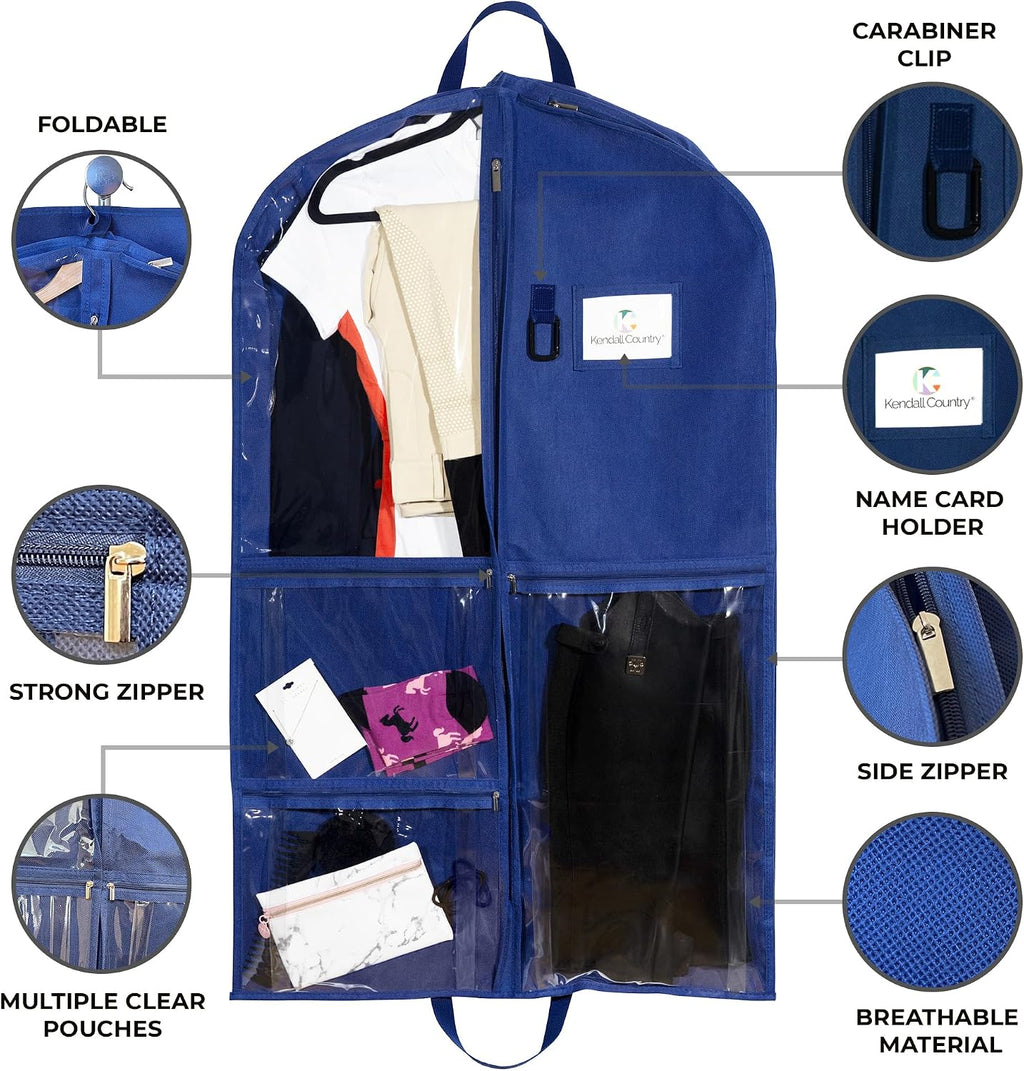 Waterproof Hanging Garment Bag 40 inch Clothes Bag with Gusset, 5 Pockets & Side Zip for Dance Costumes, Sports, Skating, Theatre, Beauty Pageants,Cheer & More by Kendall Country, Navy Blue