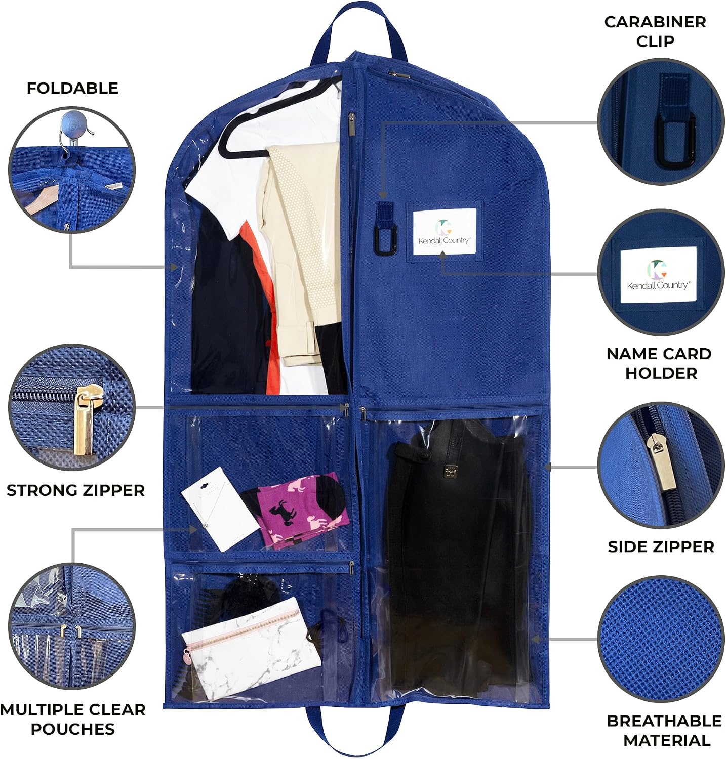 Waterproof Hanging Garment Bag 40 inch Clothes Bag with Gusset, 5 Pockets & Side Zip for Dance Costumes, Sports, Skating, Theatre, Beauty Pageants,Cheer & More by Kendall Country, Navy Blue