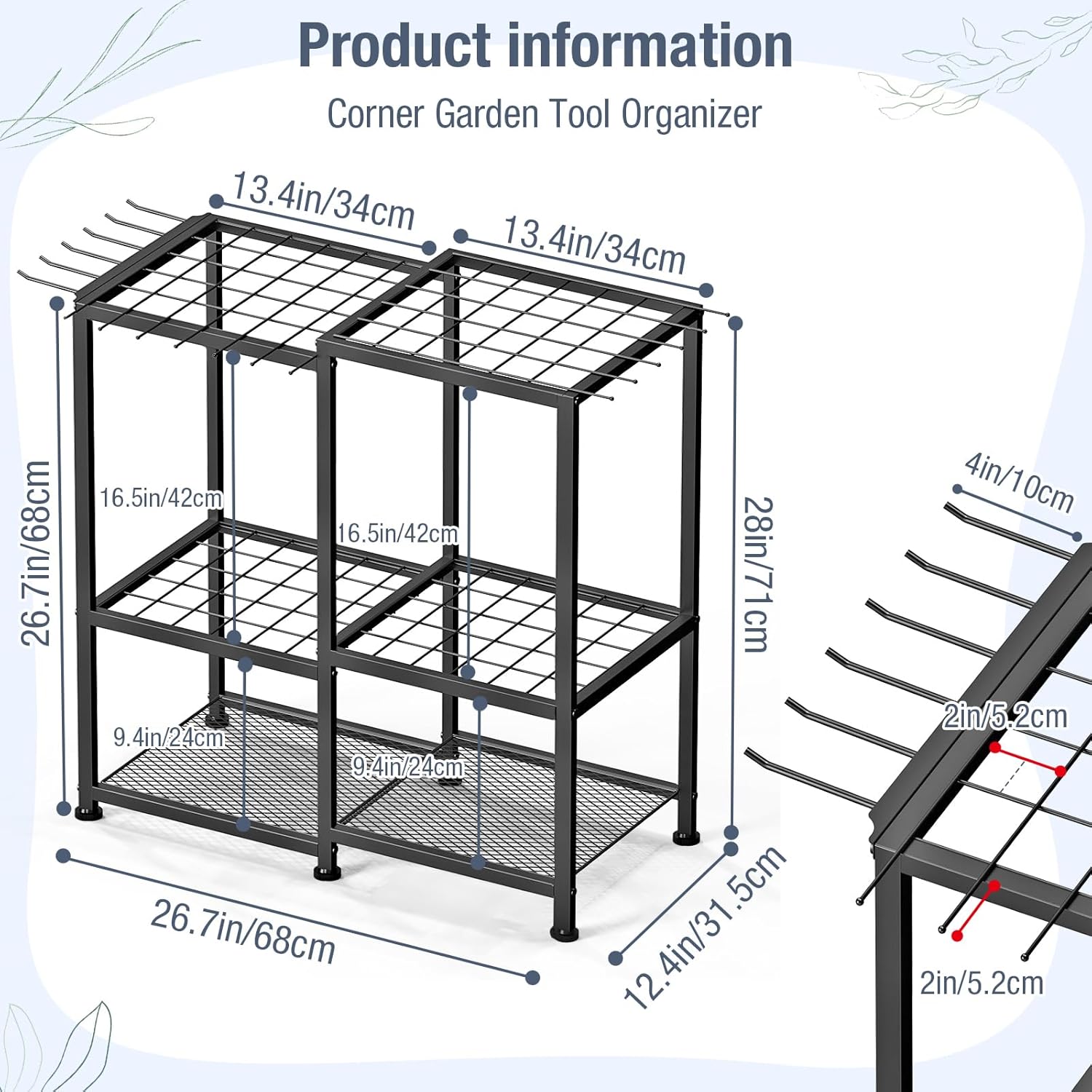 Garden Tool Organizer, Metal Yard Tool Organizer,Holds 70 Long-Handled Tools/Rakes/Brooms,Side Garden Pocket,Heavy Duty Steel Yard Tool Storage Rack for Garage,Shed, Outdoor(Black-Large)
