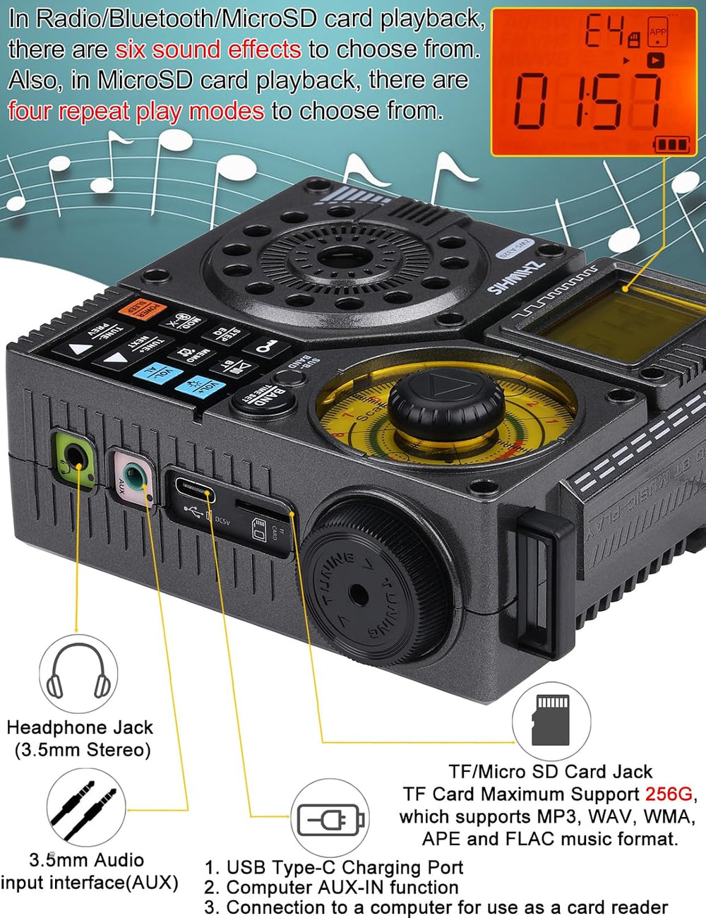 ZHIWHIS A320 Shortwave Radio, Bluetooth Speaker, MP3 Player AM FM VHF SW WB