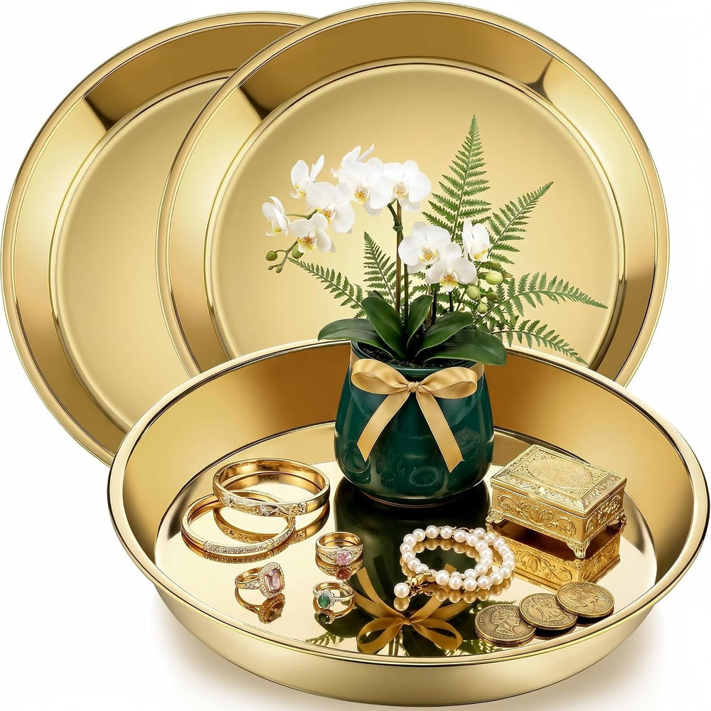 Thenshop 3 Pcs 15 Inch Gold Round Serving Tray Stainless Steel Circle Decorat...