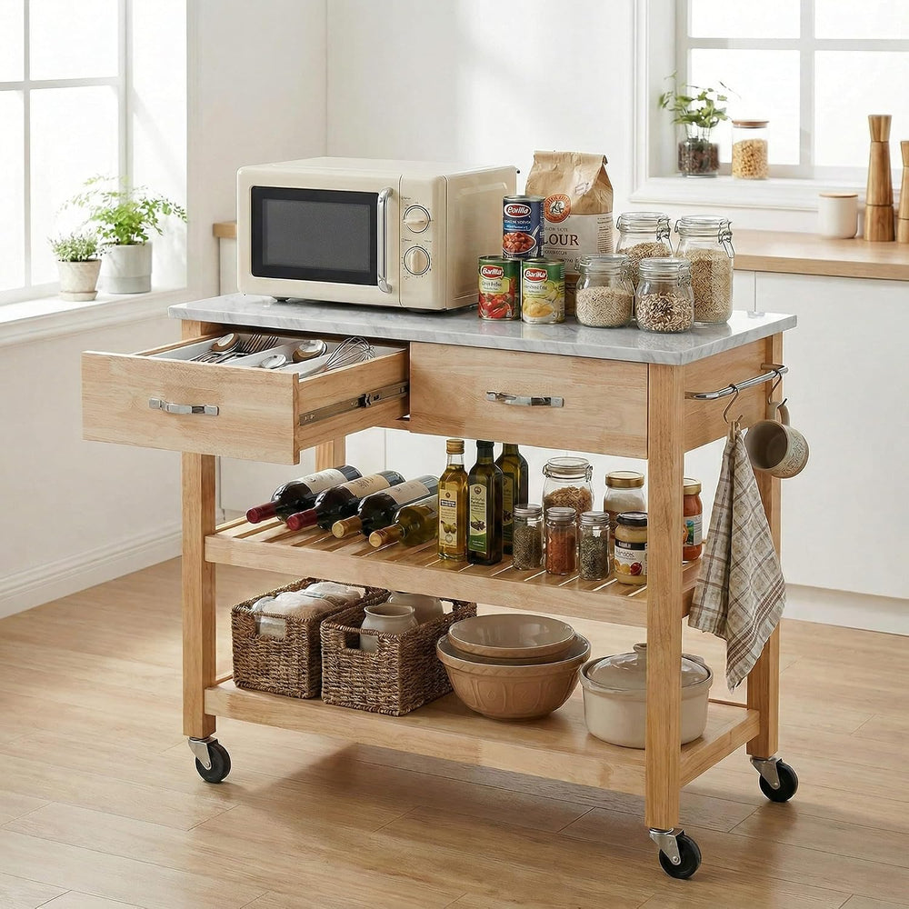 42" W Solid Wood Kitchen Island, Cultured Marble Top | 250 lbs capacity,...