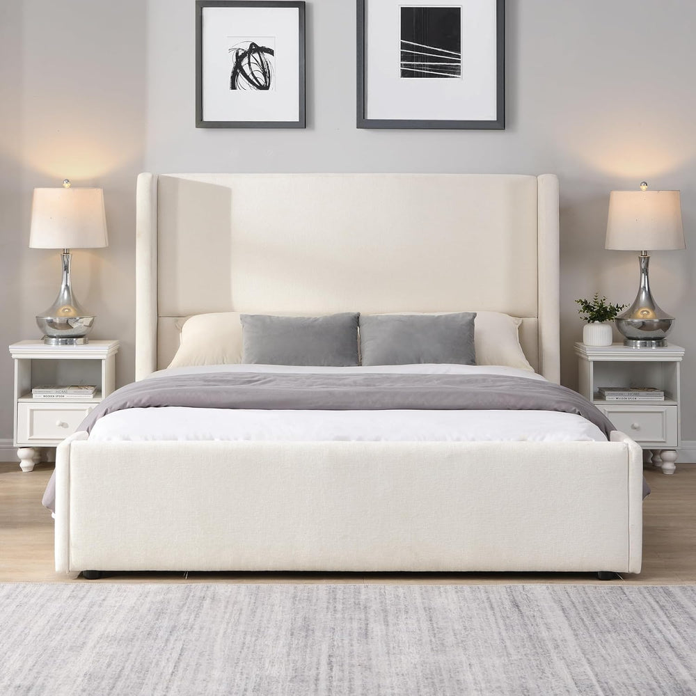 Queen Upholstered Platform Bed with Tall Wingback Headboard, White