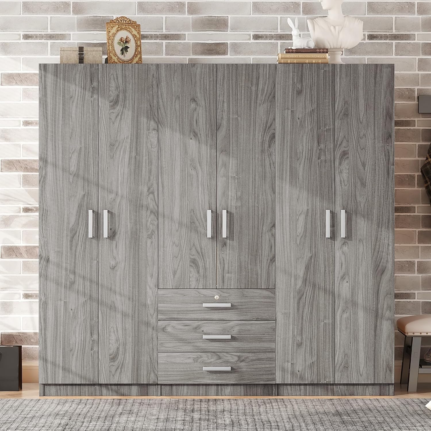 SOFTSEA 6 Doors Armoire Wardrobe Closet with Drawers, 70.9" Large Armoire Wardrobe Cabinet with Storage Shelves and 3 Hanging Rods, Bedroom Clothes Cabinet Organizer (Grey)
