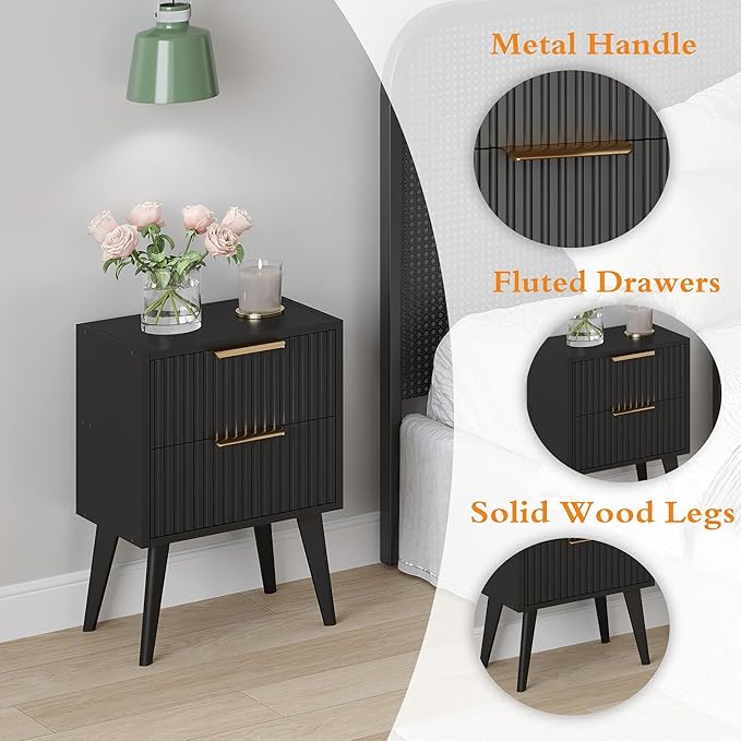 Fluted Nightstand with 2 Drawers,Modern Bedside Table with Metal Handles,Whit...