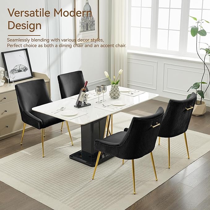 Velvet Dining Chairs Set of 4 Gold Legs,Upholstered Velvet Accent Chairs, Pleated Back Design & Gold Pull Handle, Mid Century Modern Chairs for Dining/Kitchen/Living Room,Black