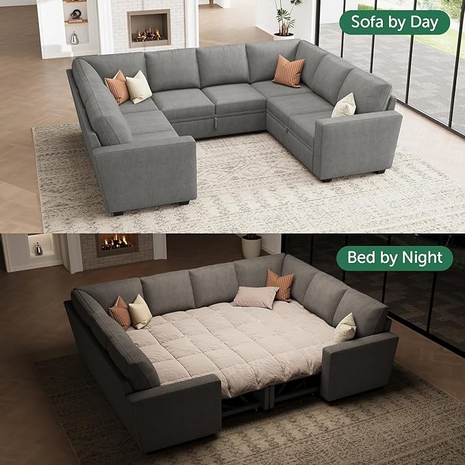 HONBAY Modular Sectional Couch with Pull Out Bed, Chenille Sleeper Sofa with Storage Seats, U Shaped Sectional Couches for Living Room, Warm Grey