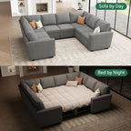 HONBAY Modular Sectional Couch with Pull Out Bed, Chenille Sleeper Sofa with Storage Seats, U Shaped Sectional Couches for Living Room, Warm Grey
