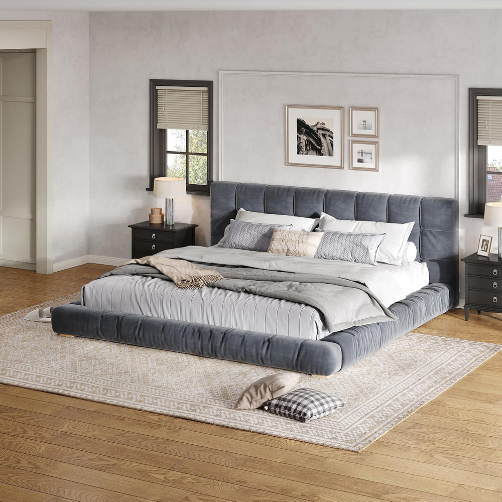 JIVOIT King Size Upholstered Platform Bed, Velvet Headboard Bed Base, Wood Sl...
