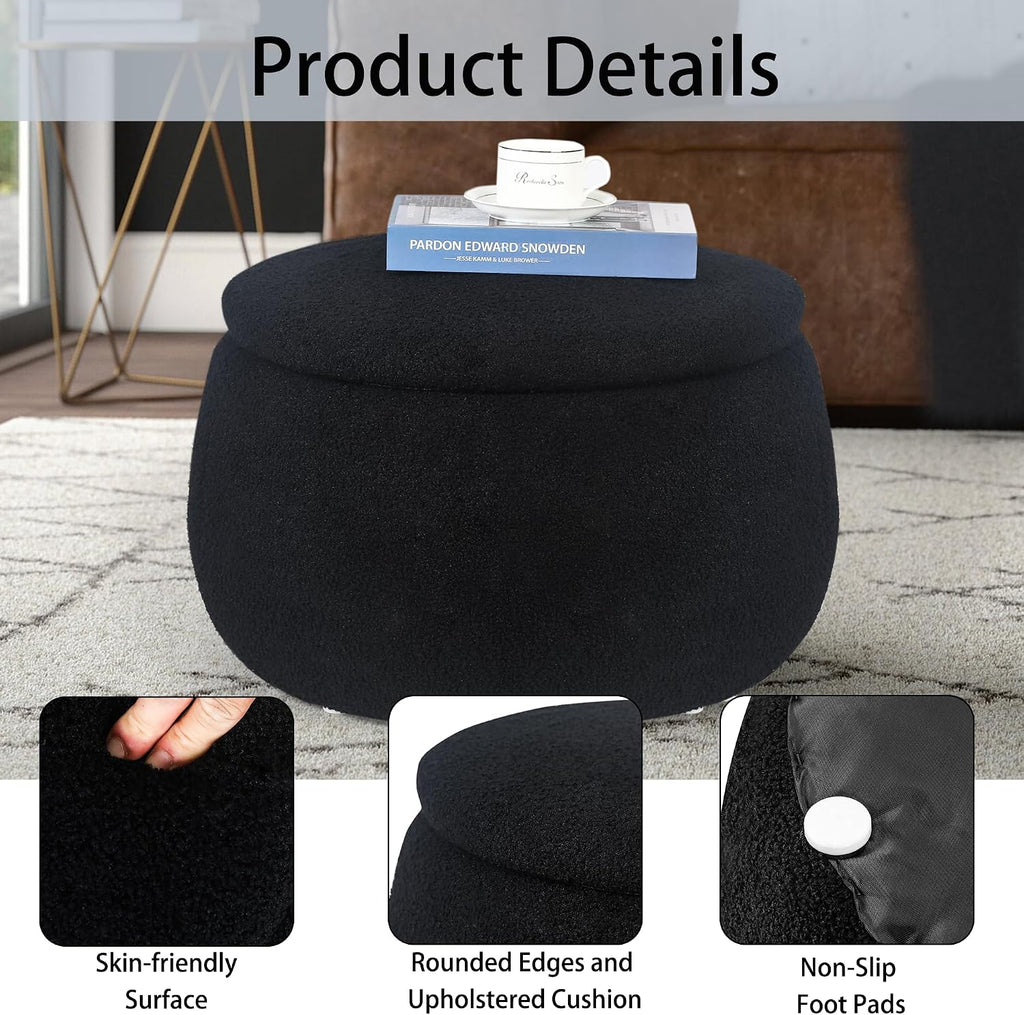 Homebeez 23" Round Storage Ottoman with Removable Lid, Faux Fur Footrest Stool - Modern Teddy Velvet Upholstered Coffee Table for Living Room, Bedroom, Entryway, Black
