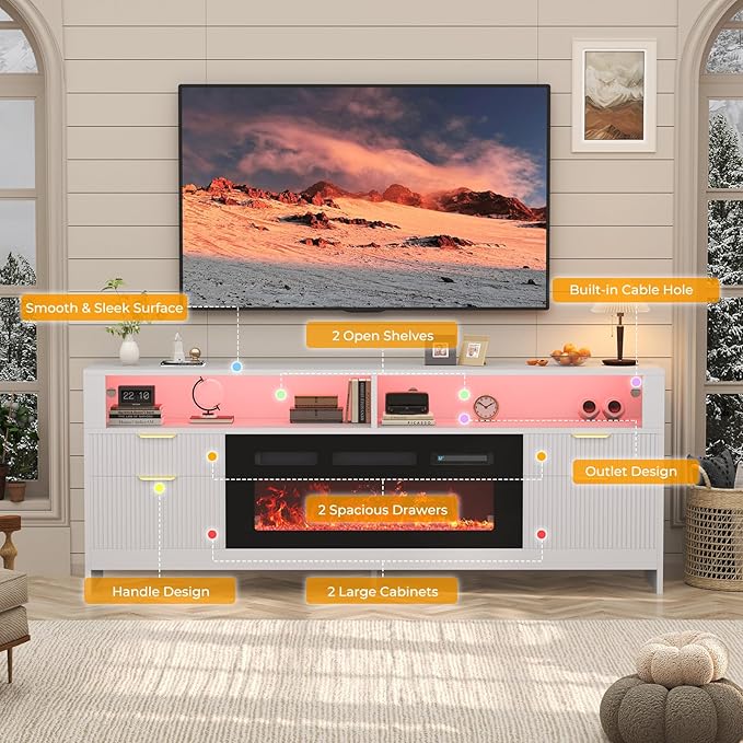 70” Fireplace TV Stand with 36” Electric Fireplace, Electric Fireplace TV Stand for Living Room with LED Lights, Modern TV Console Cabinet & Media Entertainment Center with Fireplace (White)