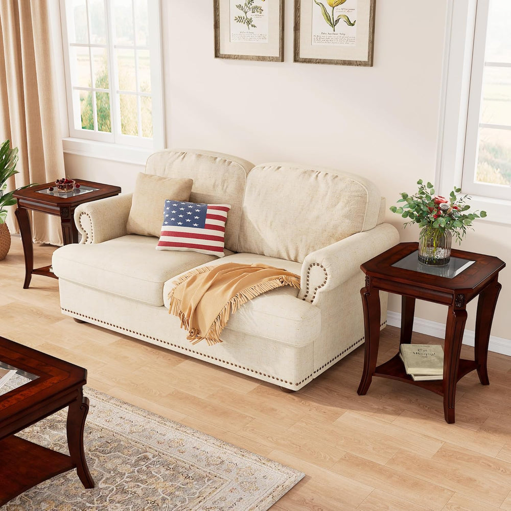 PADMA HOUSE Set of 2 Solid Wood Small End Table with Glasstop, Vintage Square...