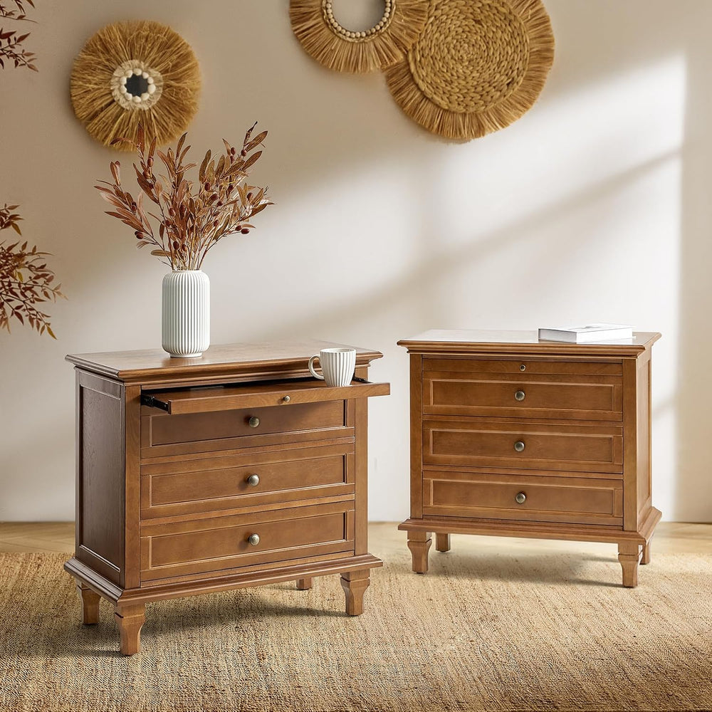 End Table Set of 2 with Charging Station, Solid Wood Organizer with 3 Drawers...