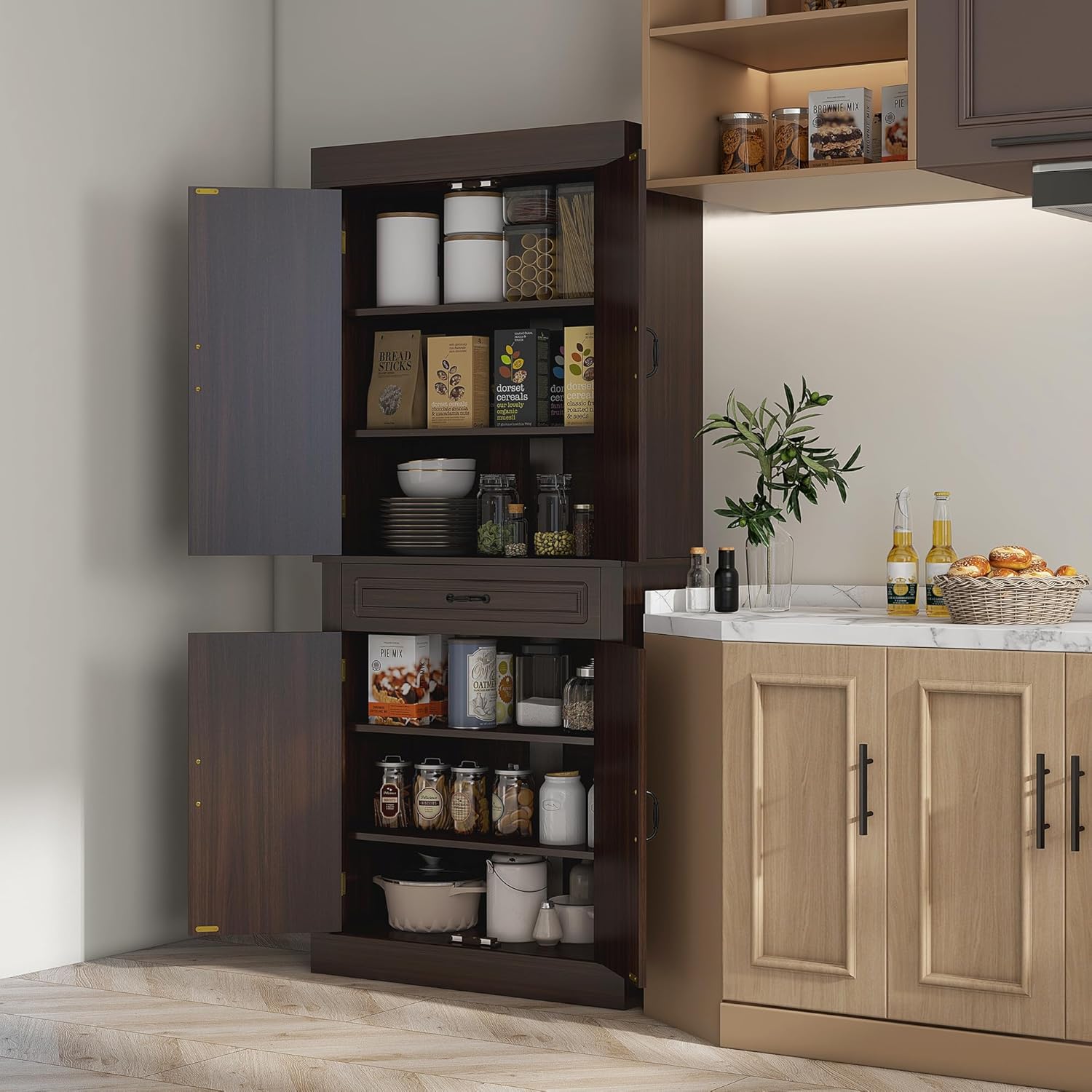 71" Freestanding Kitchen Pantry with 4 Doors, and 2 Large Cabinets, Tall Storage Cabinet with Wide Drawer for Dining Room, Coffee