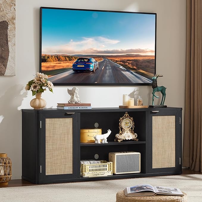 LEYAOYAO Rattan TV Stands for Living Room, Boho Entertainment Center with Storage and Open Shelf, Wood Media Console for 50-65 Inch TV, Black
