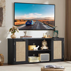LEYAOYAO Rattan TV Stands for Living Room, Boho Entertainment Center with Storage and Open Shelf, Wood Media Console for 50-65 Inch TV, Black