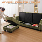 85" Sectional Sofa Couch with All Seat Storage,Movable Ottoman,Green | L Shaped Couch with Armrest Organizer,3-Seater Sofa,Small Modular Couches for Living Room,Bedroom,Apartment,Chenille