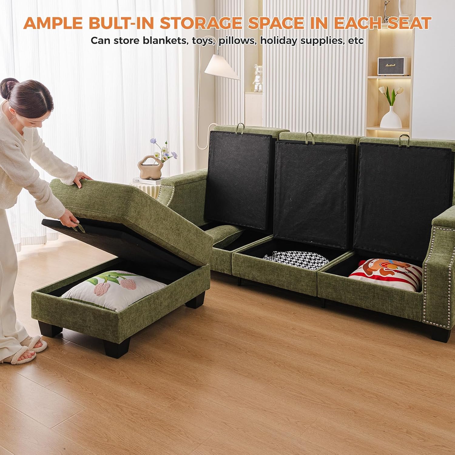 85" Sectional Sofa Couch with All Seat Storage,Movable Ottoman,Green | L Shaped Couch with Armrest Organizer,3-Seater Sofa,Small Modular Couches for Living Room,Bedroom,Apartment,Chenille