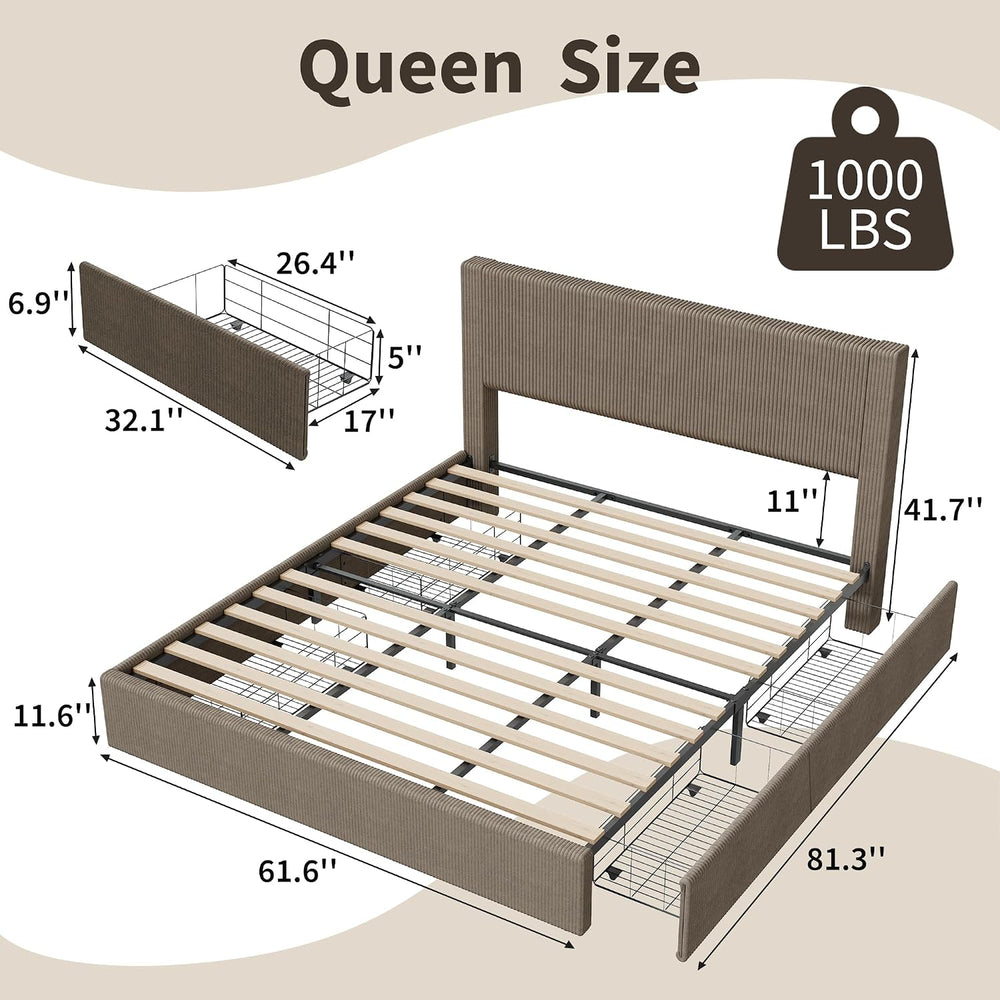 IDEALHOUSE Upholstered Queen Bed Frame with 4 Storage Drawers, Brown