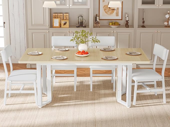 Itaar 5-Piece Dining Table Set for 4-6 People, 63" Extendable Kitchen Table and 4 Cushion Chairs, Dining Room Table with MDF Board & Metal Frame for Small Space, Easy Clean, Natural
