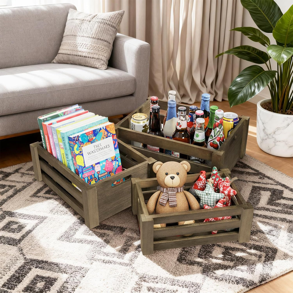 Lawei Set of 3 Wood Nesting Storage Crates with Handle, Rustic Farmhouse Decorative Wooden Crates Distressed Crates Storage Container for Display, Large Vintage Wood Decor Crates Wooden Baskets