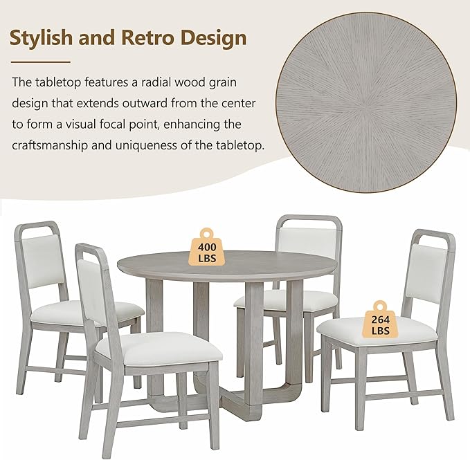 Merax 5-Piece Retro Dining Set, Round Table Top with Radial Wood Grain Design and 4 Upholstered Chairs for Dining Room and Kitchen, Antique Gray