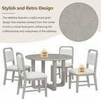 Merax 5-Piece Retro Dining Set, Round Table Top with Radial Wood Grain Design and 4 Upholstered Chairs for Dining Room and Kitchen, Antique Gray