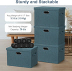Large 17" 36 Quart Collapsible Stackable Storage Bins with Lids, 3 Packs Blue-Green Linen Fabric Closet Boxes with Lids, Storage Cube Baskets Container Organizers for Bedroom (17x12x11)