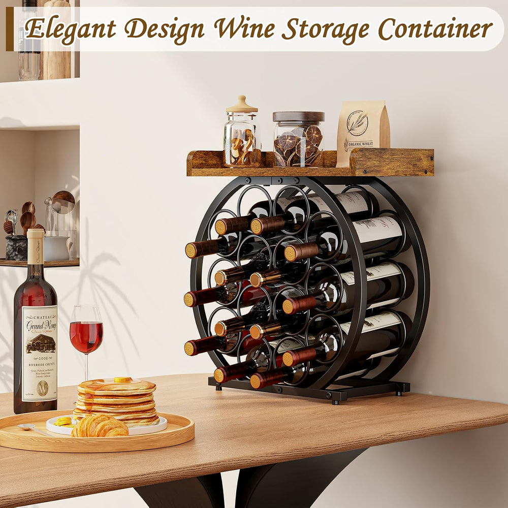 X-cosrack 14-Bottle Countertop Wine Rack with Wooden Tabletop, Freestanding R...