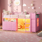 Low Loft Bed Twin Size with 13 Storage Drawers & Bookshelf, Twin Loft Bed with RGB LED Lights & Power Outlets, Metal Loft Bed with Safety Guardrail & Under-Bed Play Space, Pink