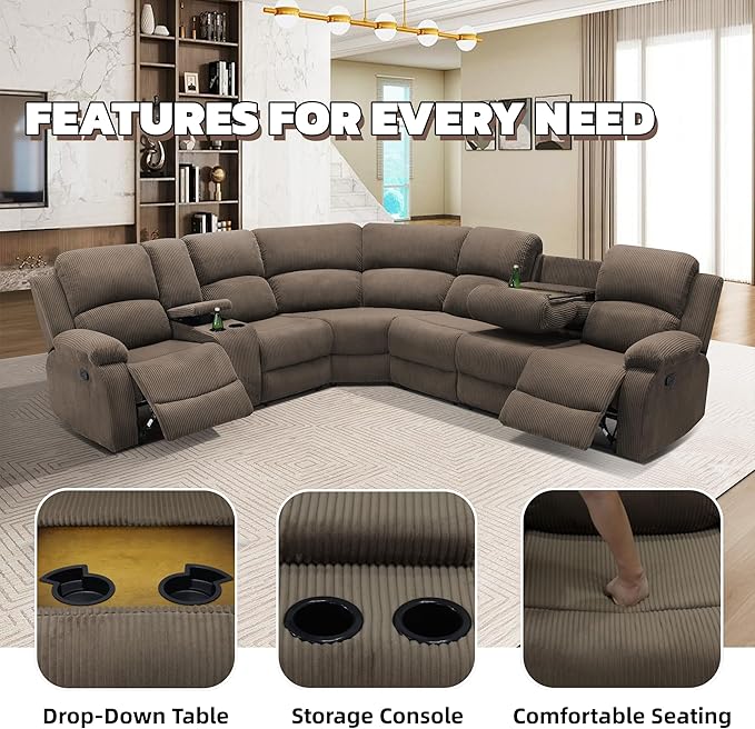 Manual Recliner Sectional Sofa Set, Corduroy L-Shaped Living Room Furniture Sets, Reclining Sectional Corner Couch and Recliner Chair Set for Home Office (Peanut, Sectional + Chair)
