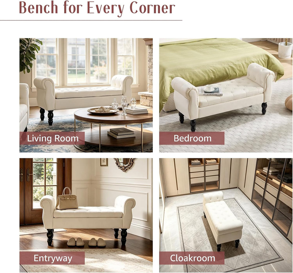 47.6" Storage Bench for End of Bed Bedroom, Velvet Ottoman Bench with Ar...