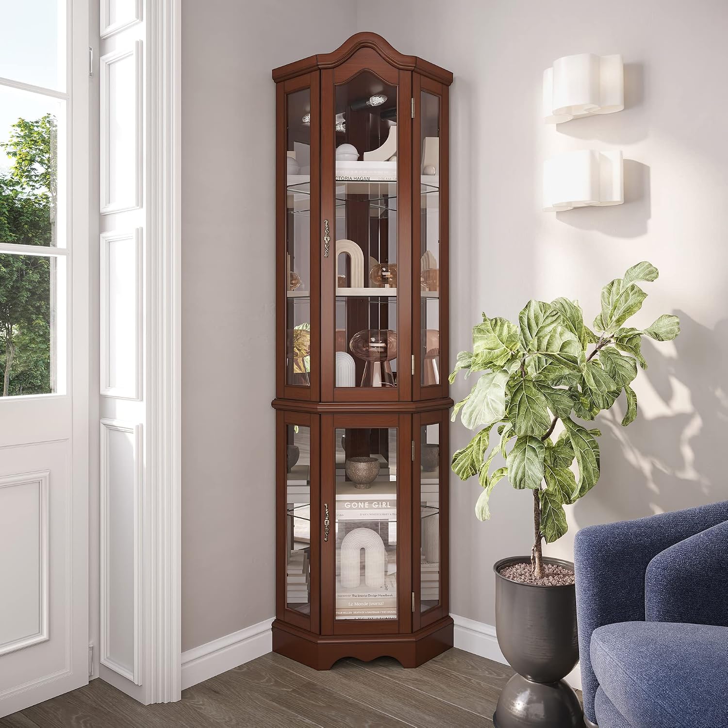 BELLEZE Lighted Corner Display Curved Top Curio Cabinet Wooden Shelving Unit with Tempered Glass Door, Bar and Liquor Storage Area with 5 Shelves - Loraine (Walnut)