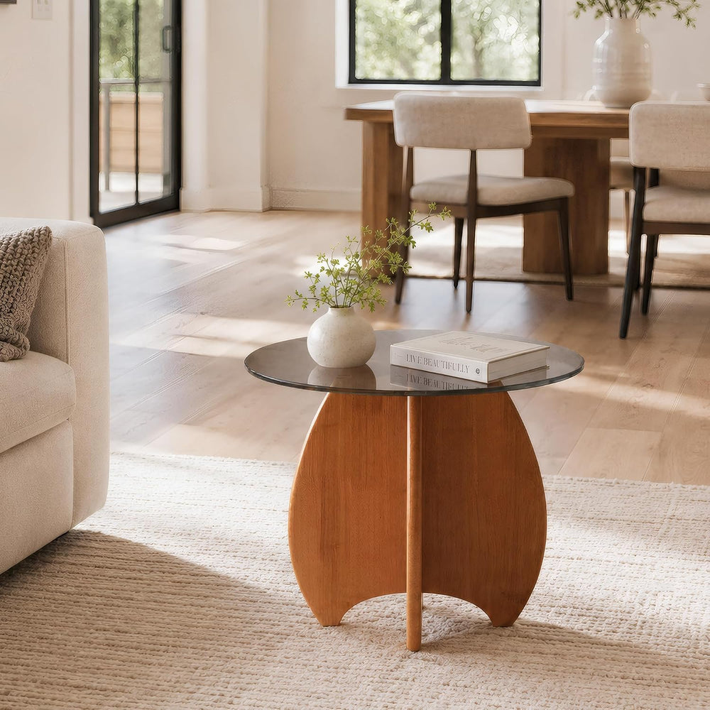 Modern Round Side Table for Living Room, 19.7" Glass Top End Table | Cof...